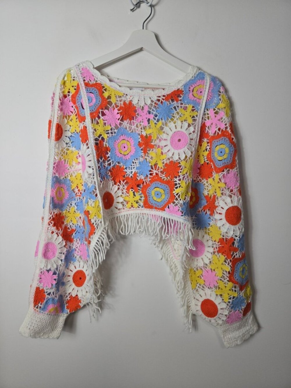 House of Harlow 1960s Multicolor Floral Crochet One Size Fringe Cropped Vibrant